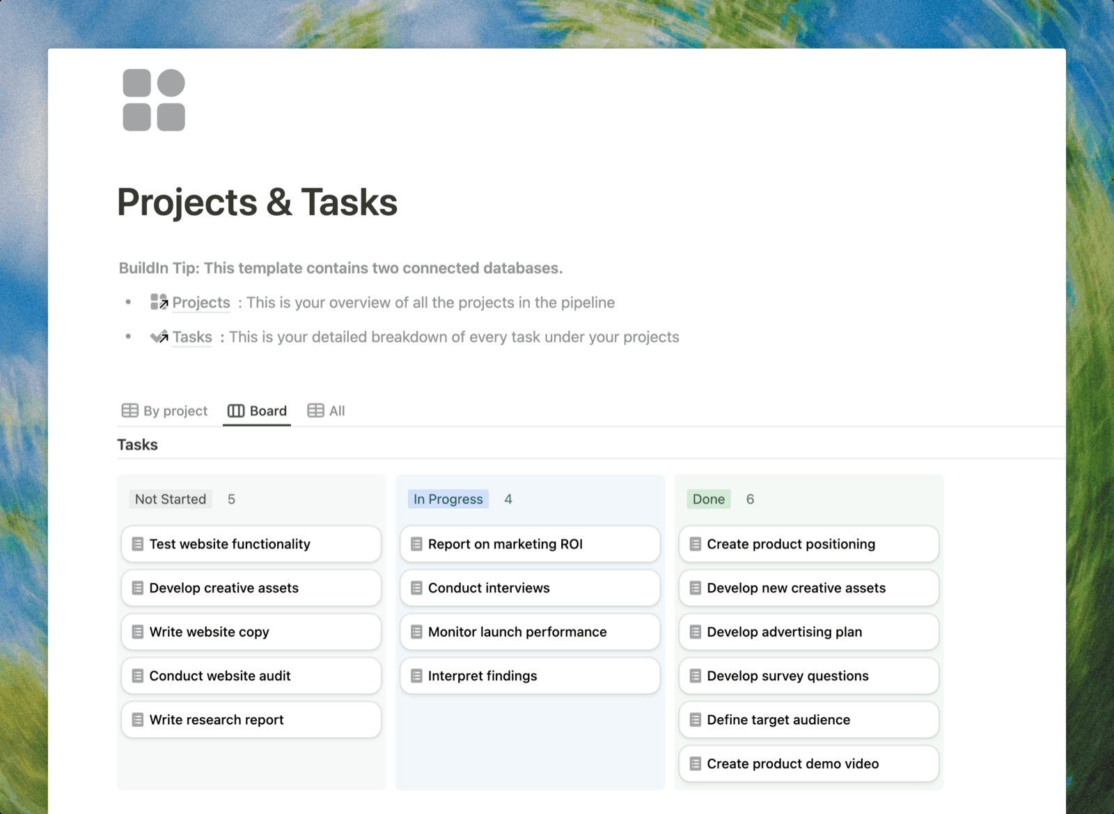 Task list template in Buildin: a task board by status — not started, in progress, done
