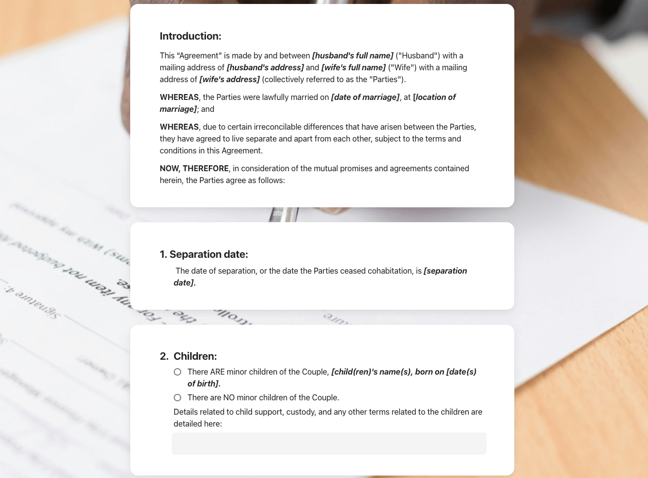 Шаблон соглашения о раздельном проживании от Craft