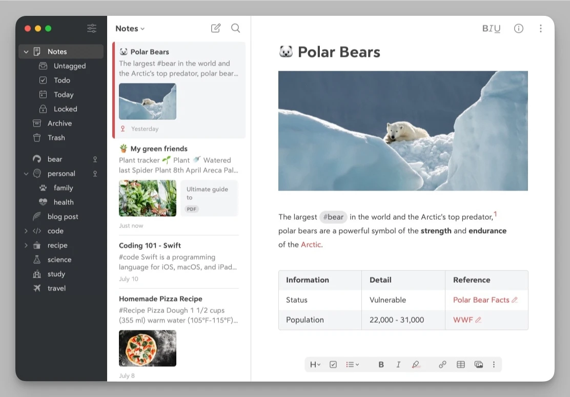 Bear Notes — минималистичный Markdown-редактор с вложенными тегами и красивыми темами