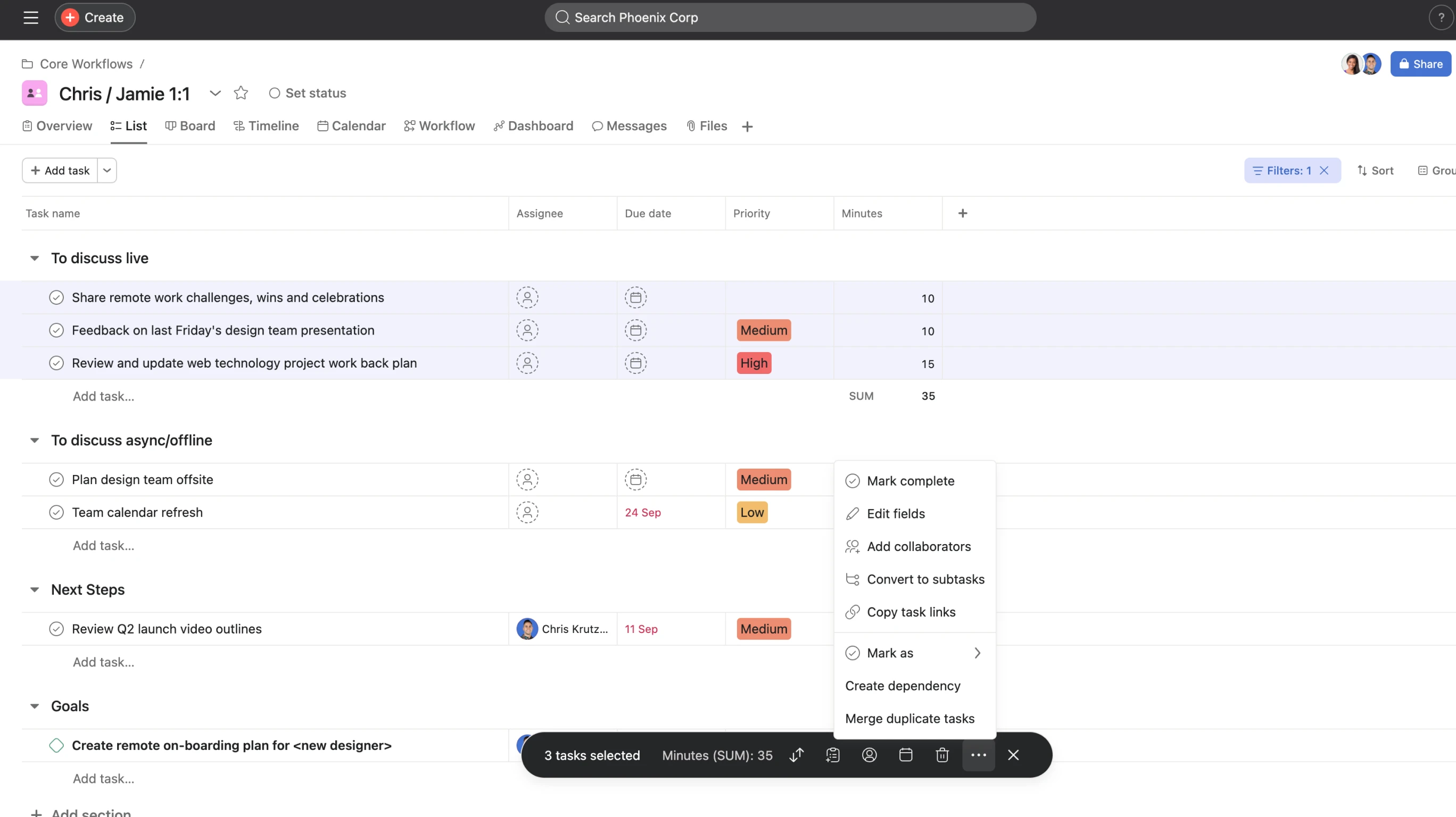 Asana task view demonstrating multi-home project relationships