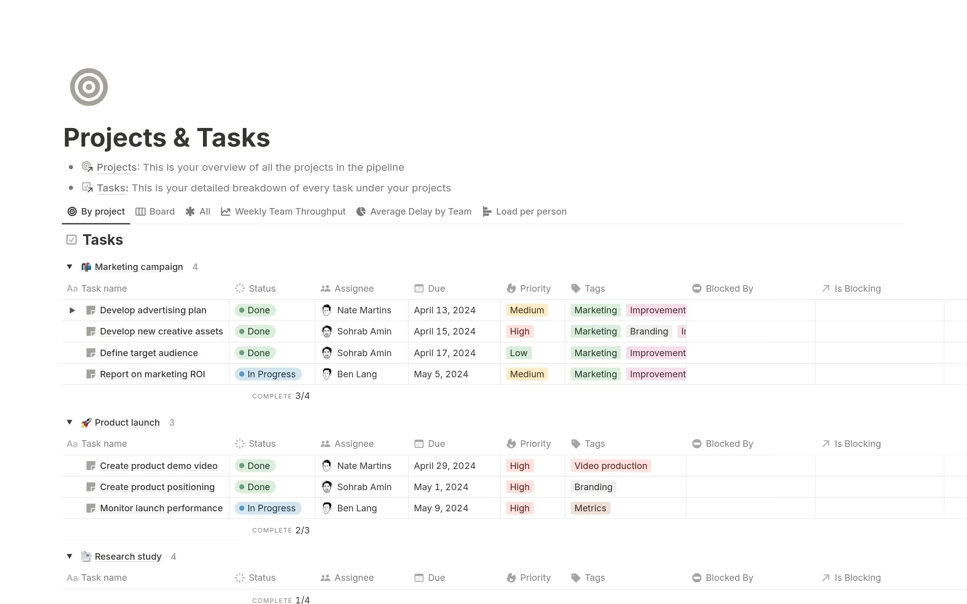 Notion projects and tasks template for structured team planning