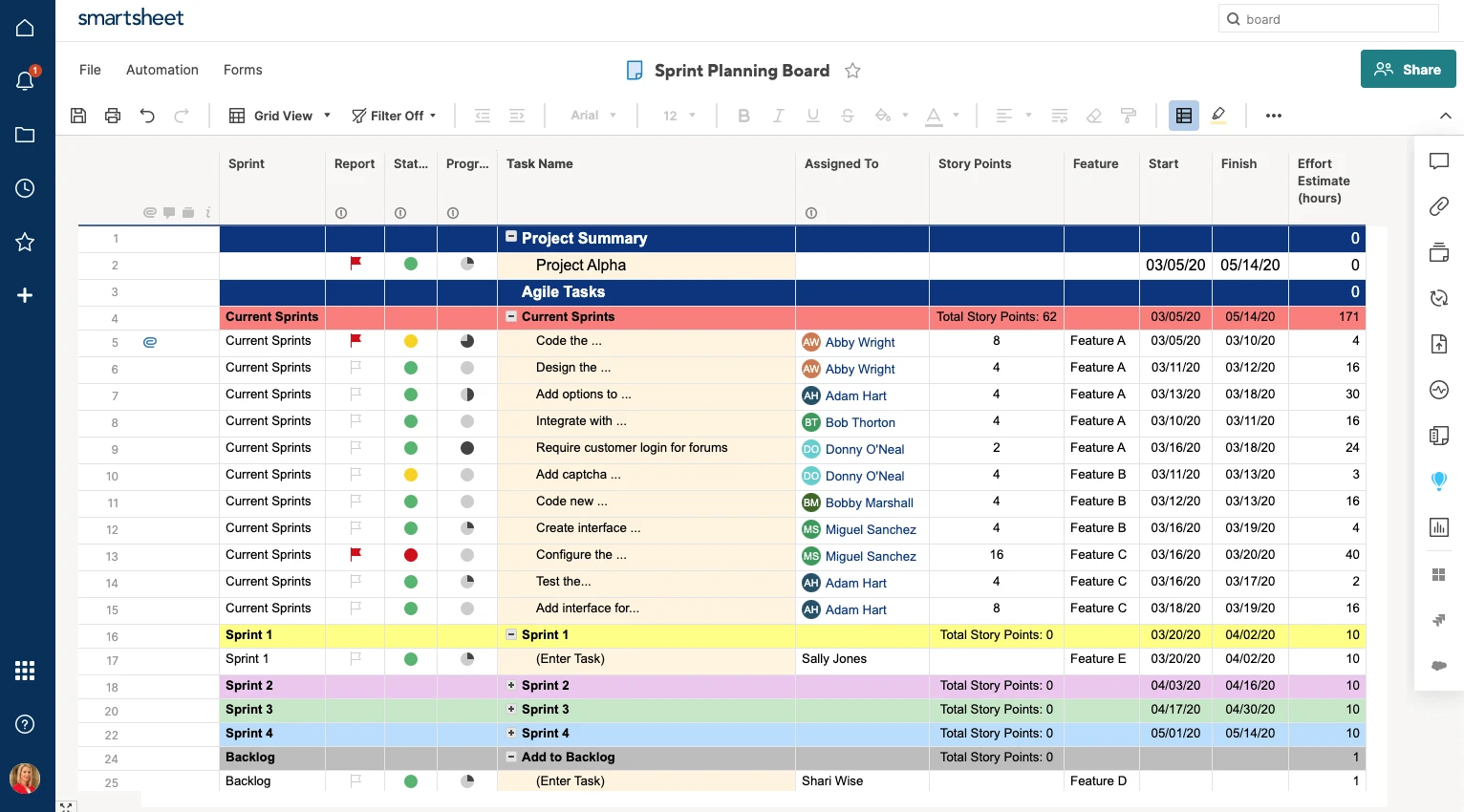 Smartsheet Kanban board and grid workflow for project tracking