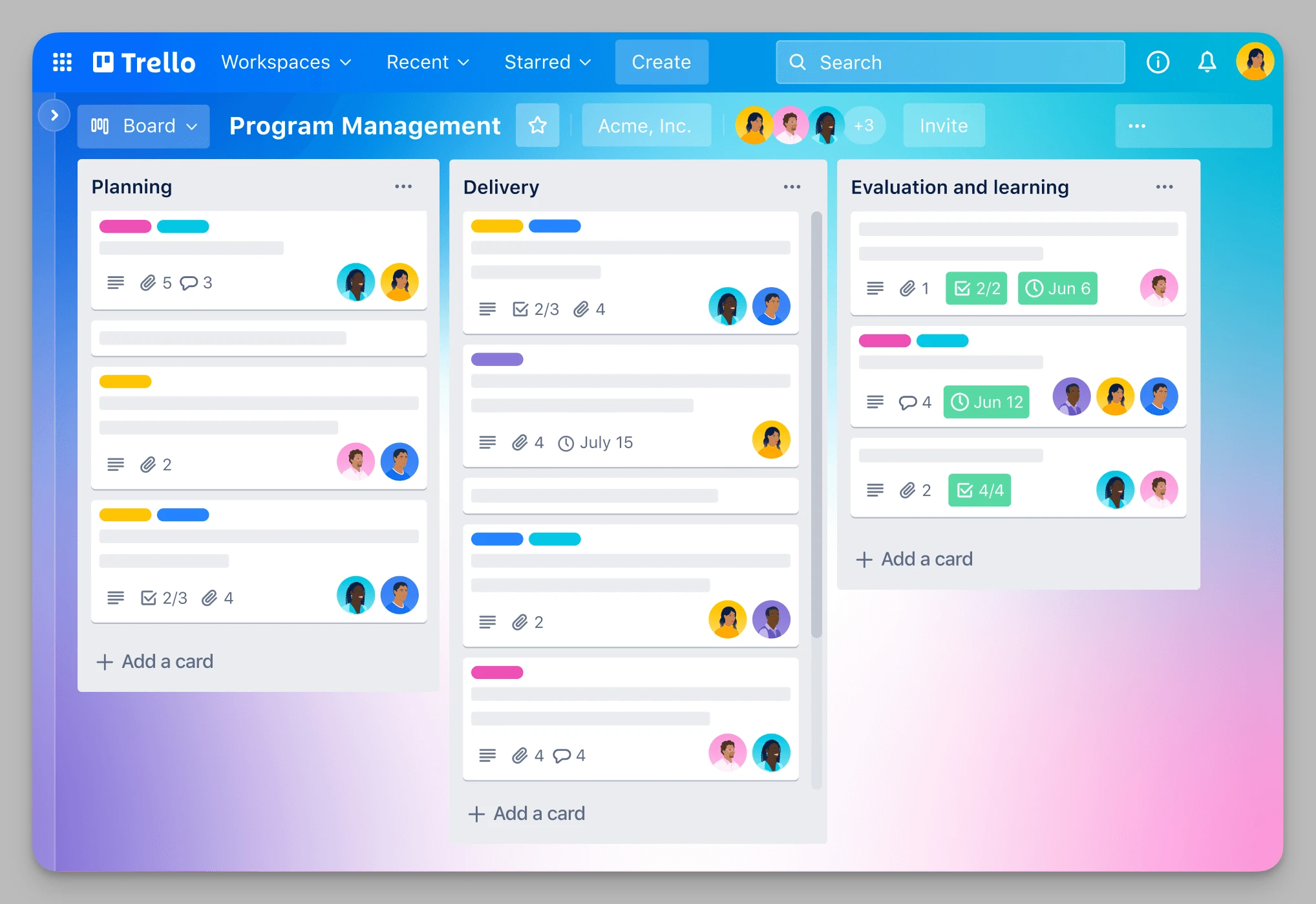 Trello board layout for lightweight Kanban task management