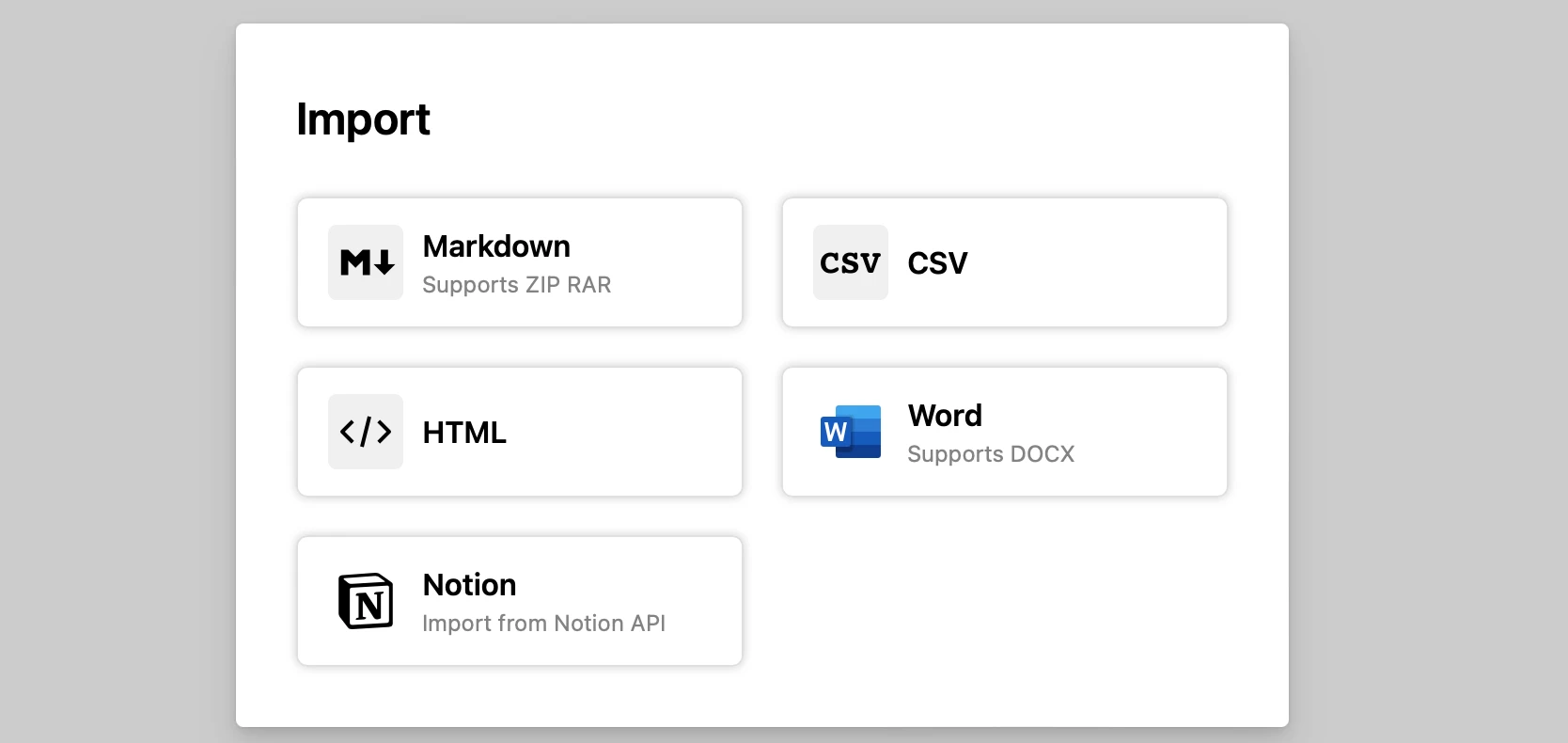Buildin import methods including Notion API import