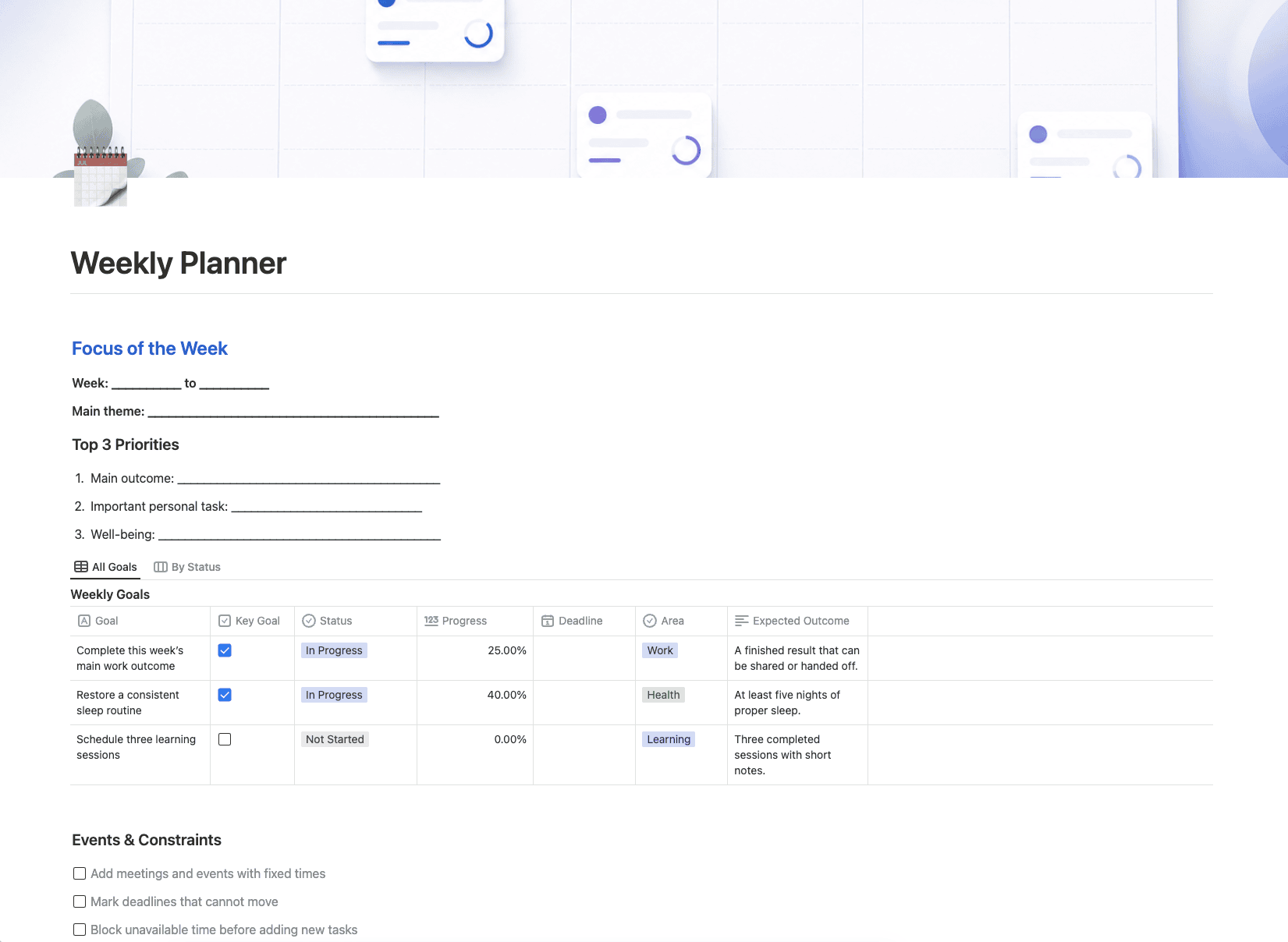 주간 목표와 핵심 우선순위를 보여 주는 Buildin 영어 Weekly Planner Template.