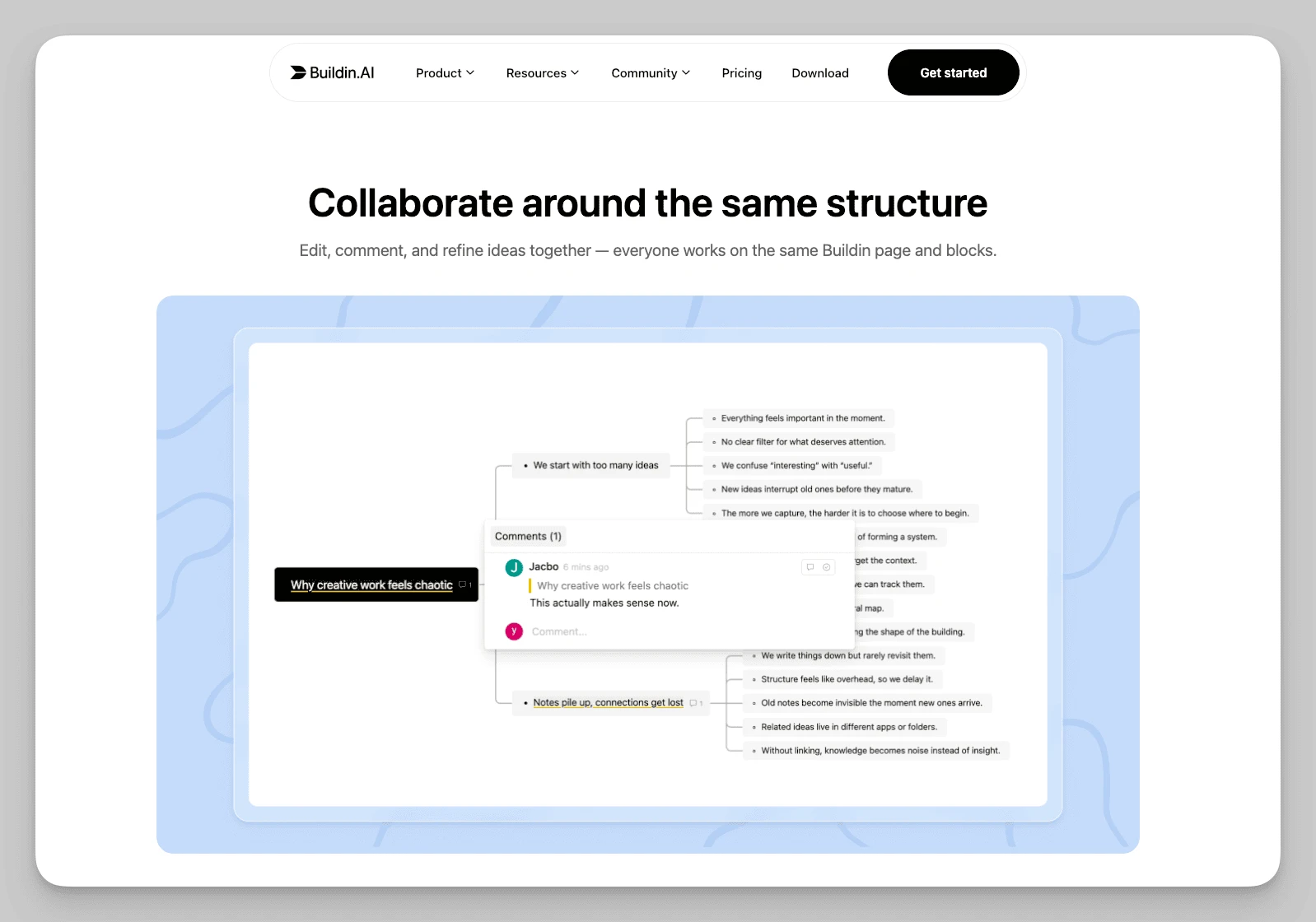 Mind map in Buildin with comments for structuring ideas and collaboration