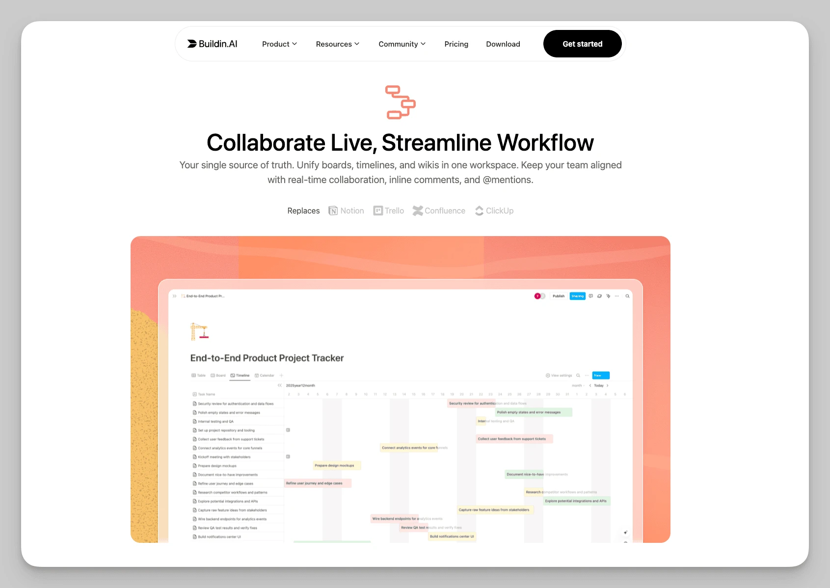 Project timeline in Buildin for coordinating tasks, responsible parties, and deadlines