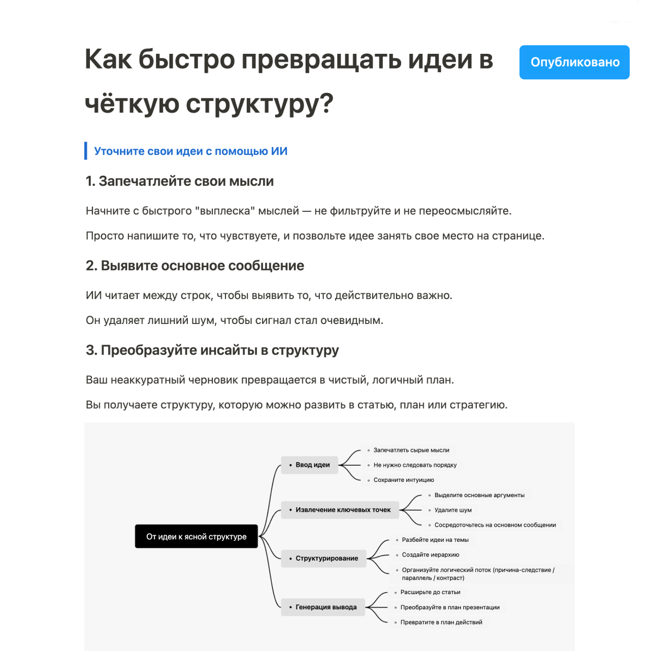 Интерфейс Buildin AI: документ и интеллект-карта отображаются вместе, меню публикации с опциями платного доступа