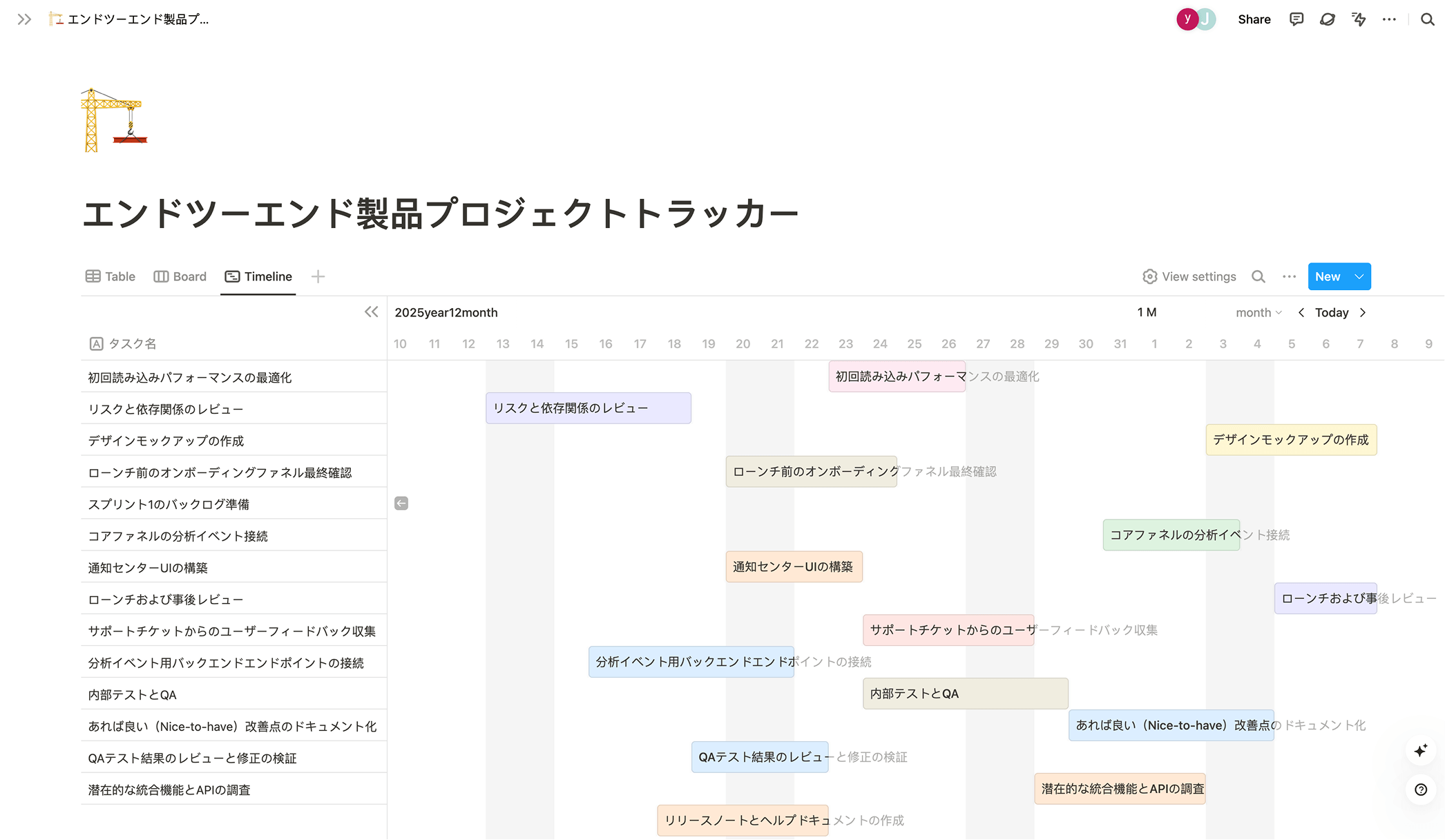 Buildinタイムラインビュー:タスク依存関係とチームスケジュールを含むプロダクトトラッカー