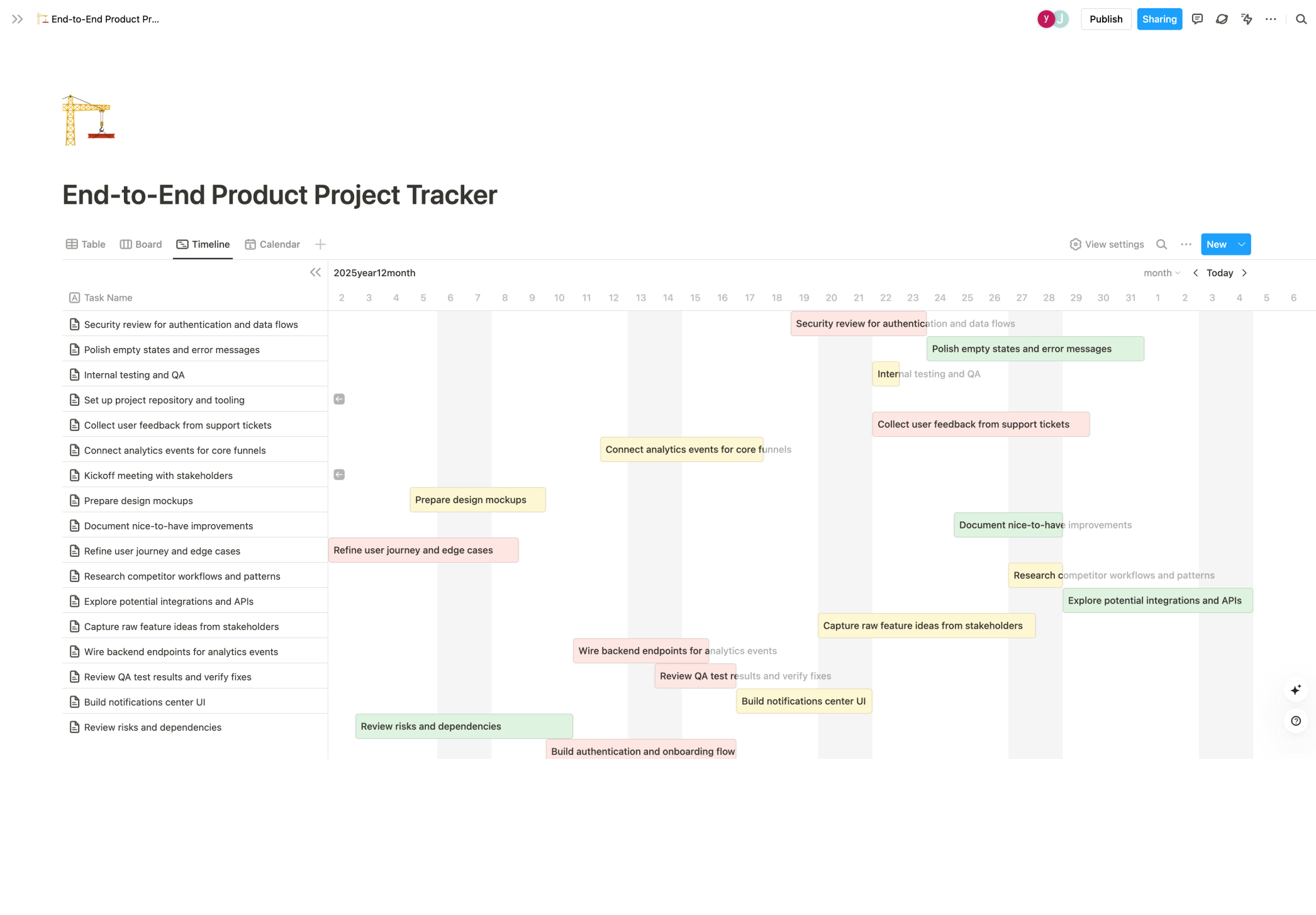 Buildin Timeline Database view for project management, displaying an end-to-end product tracker with task dependencies and team schedules