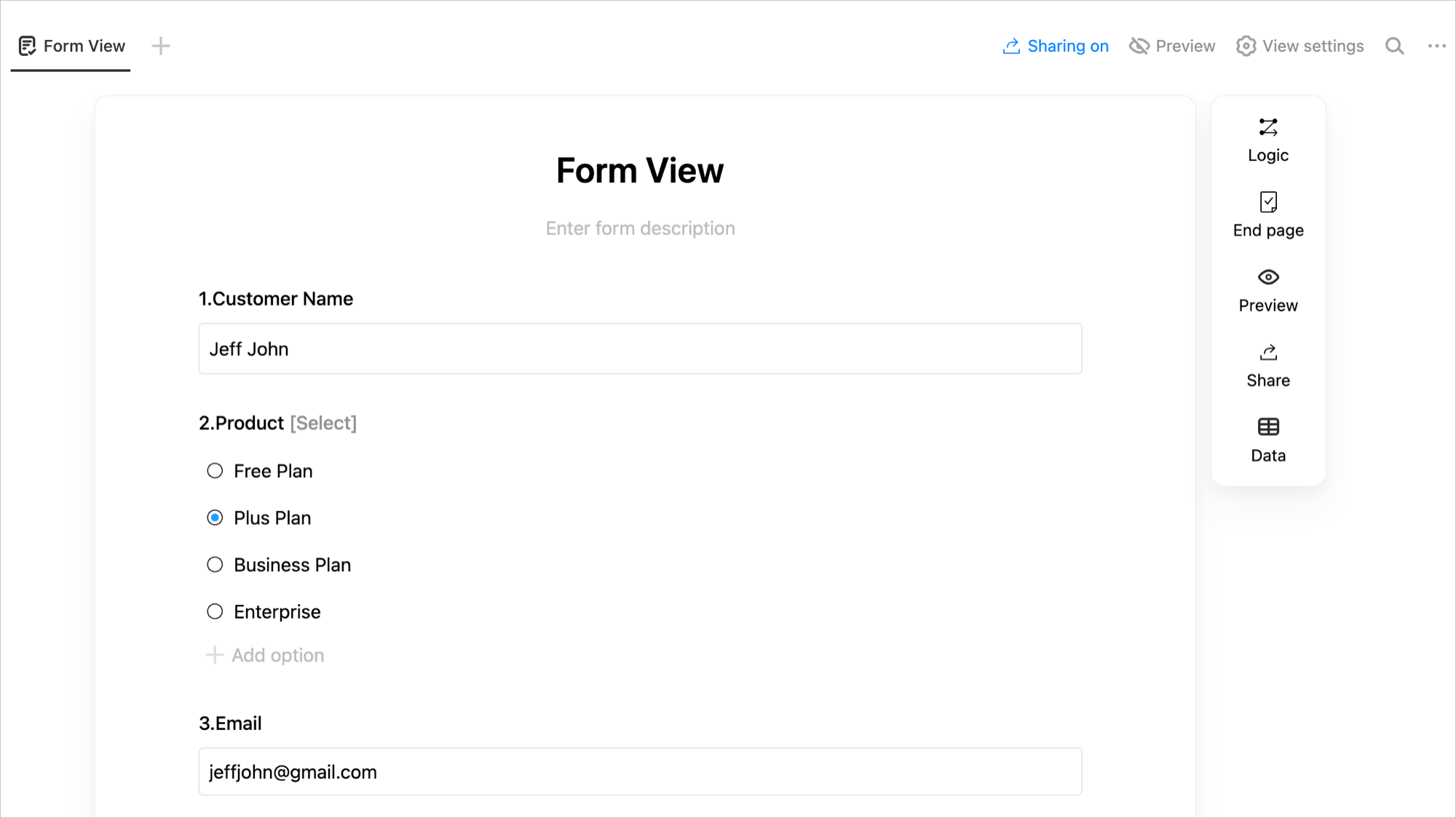 Buildin online form builder showing a customer feedback form