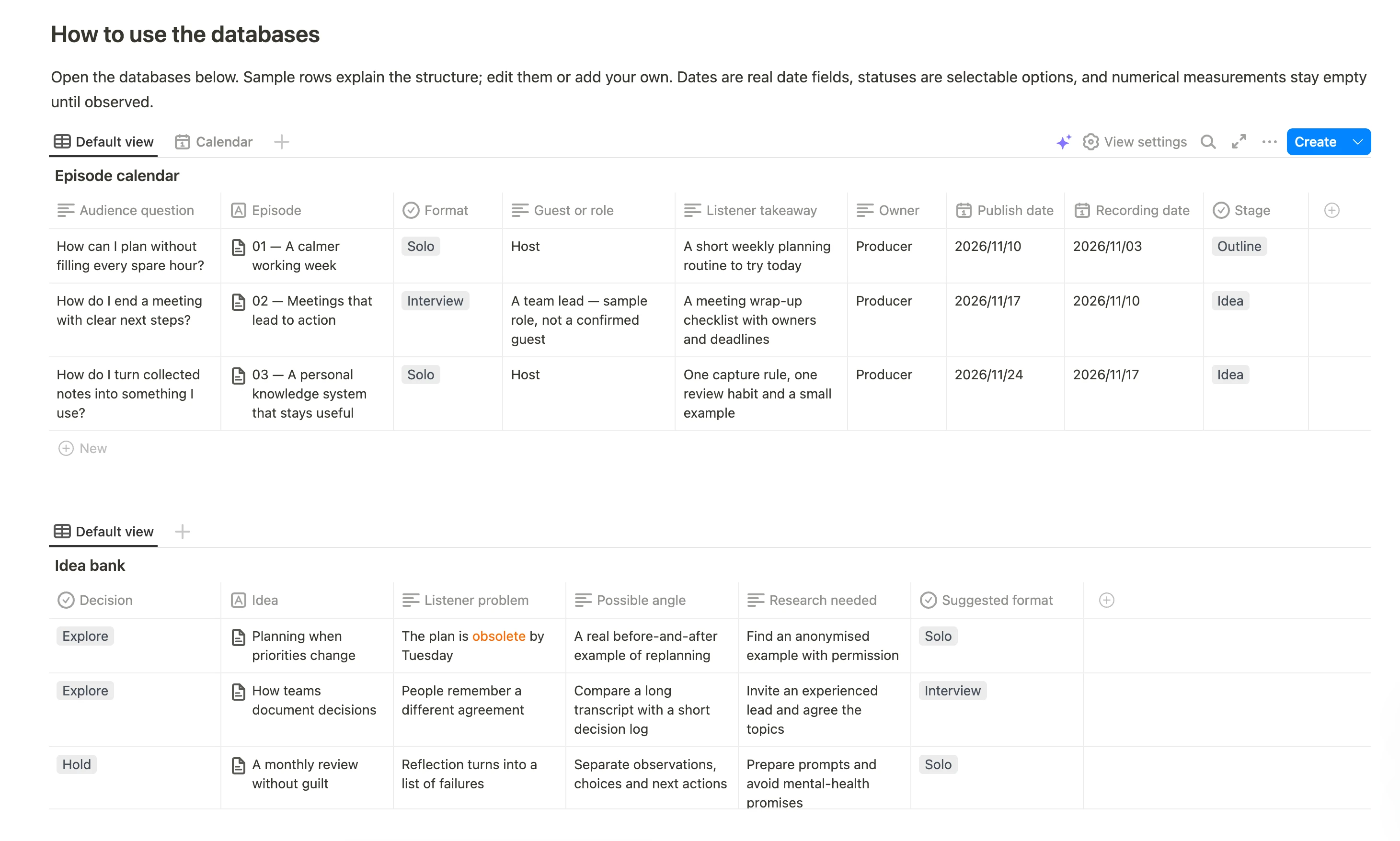 Podcast planning template with episode dates, production stages and an idea bank