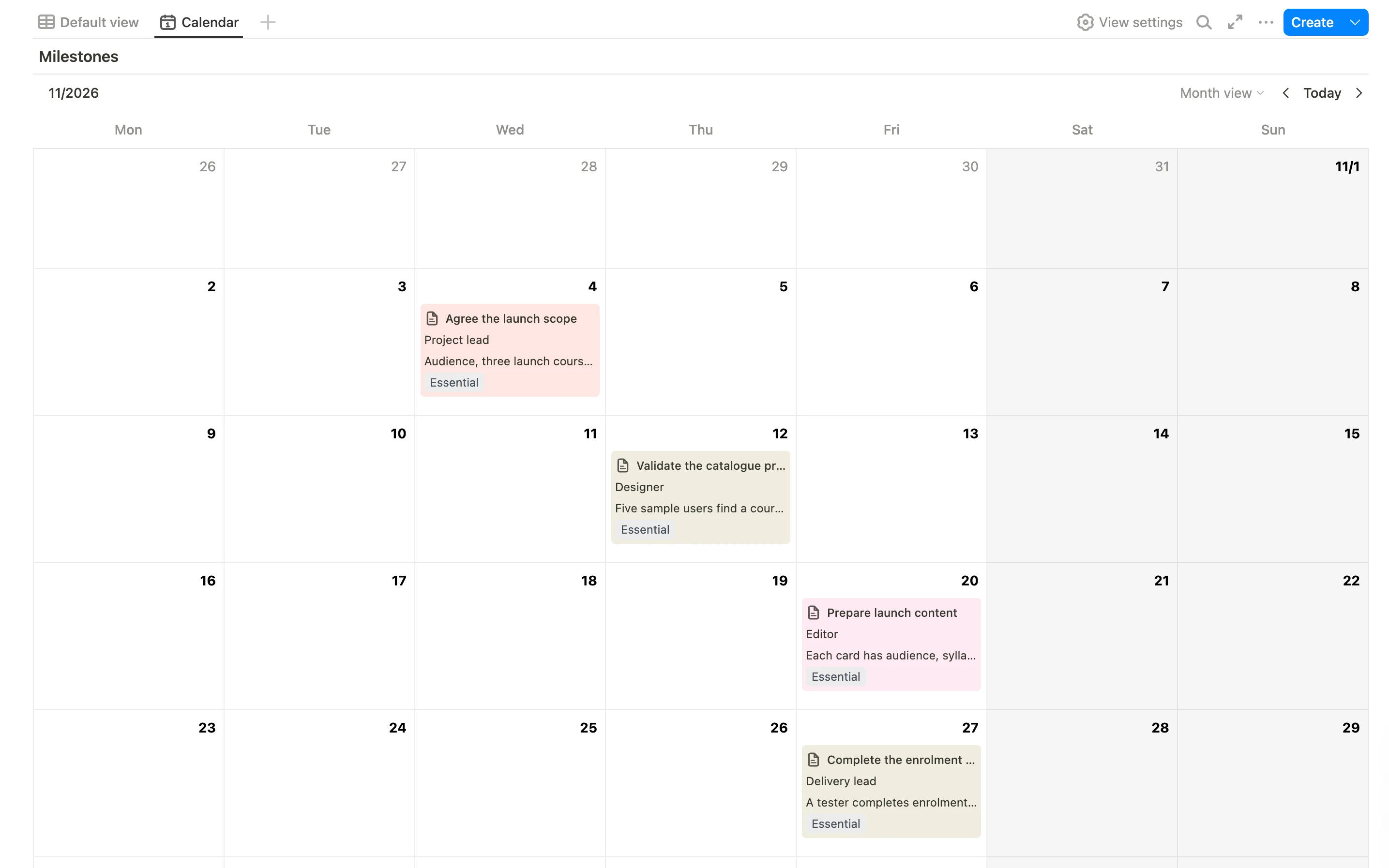 Project roadmap template calendar with dated milestones in Buildin