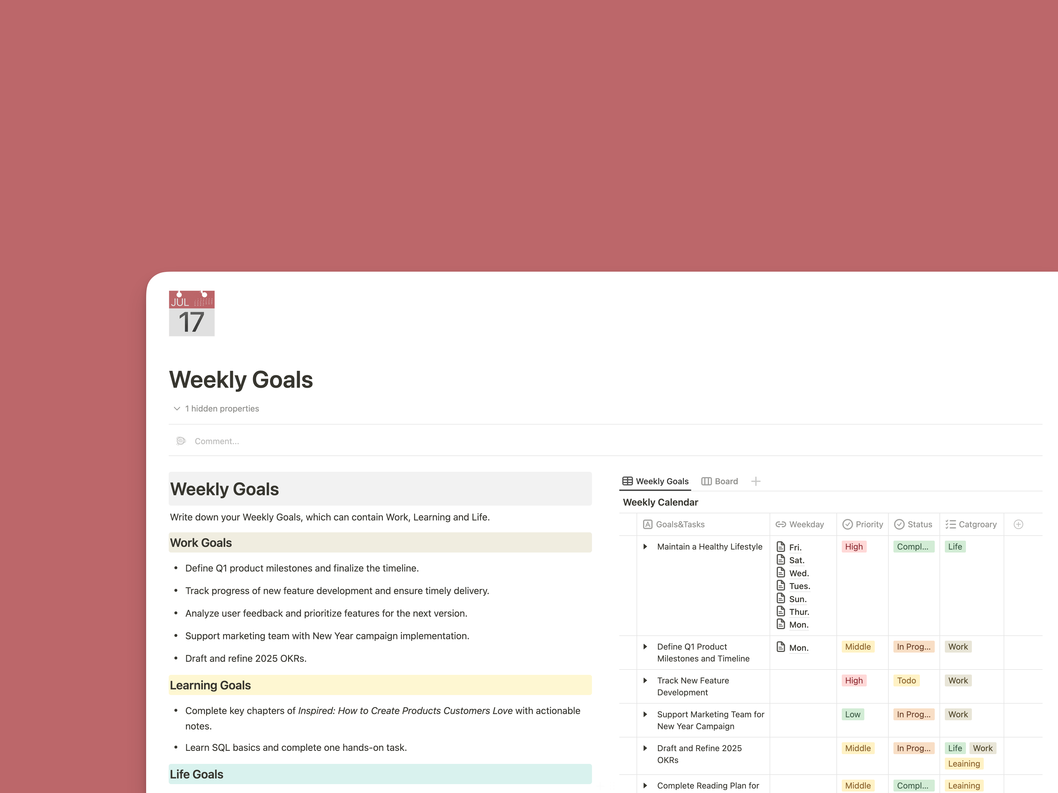 Шаблон недельных целей и обзора