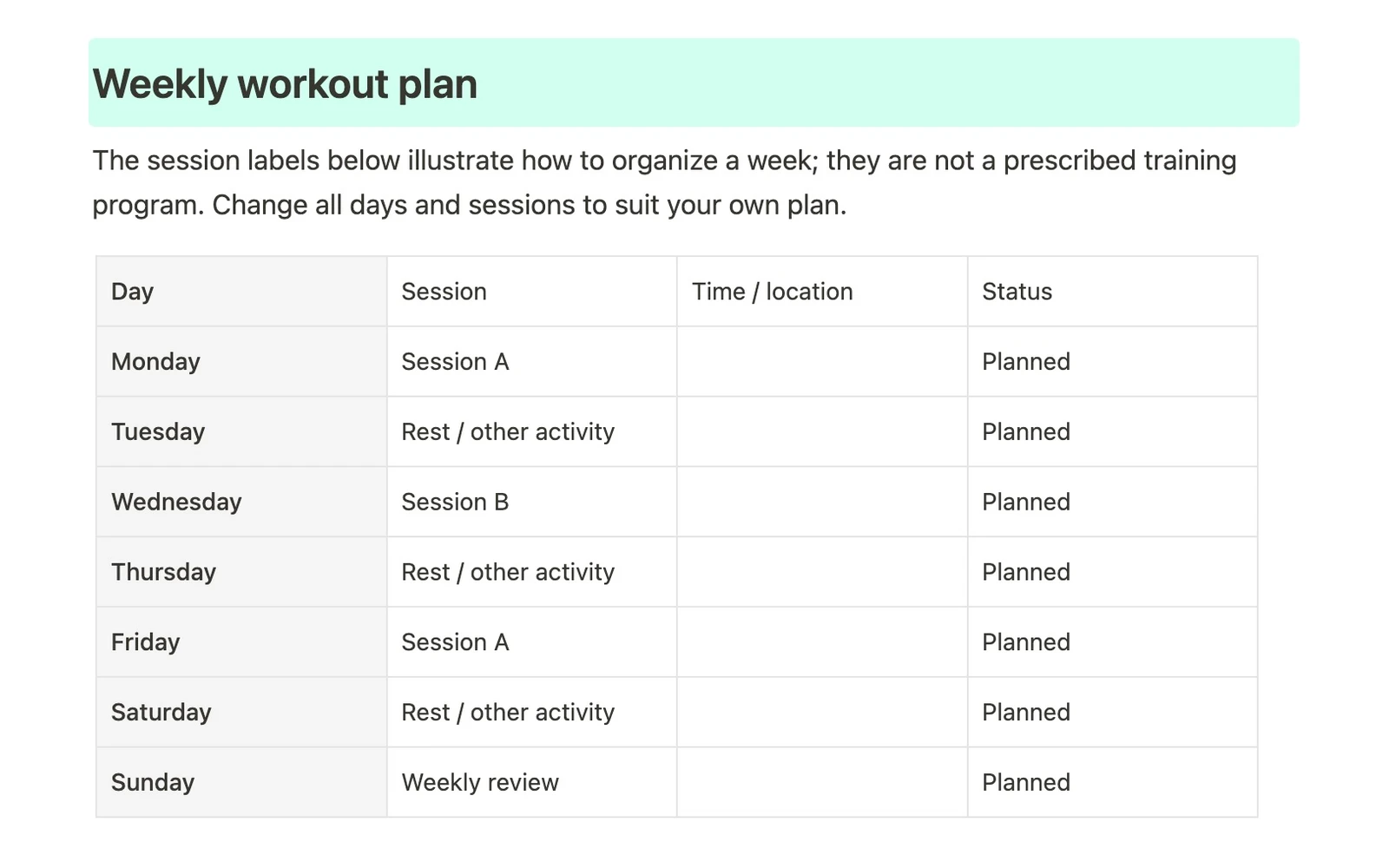 Screenshot der englischen Buildin-Trainingsplan-Vorlage mit Wochenplan für sieben Tage und Statusfeldern
